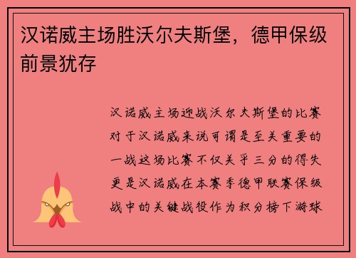 汉诺威主场胜沃尔夫斯堡，德甲保级前景犹存