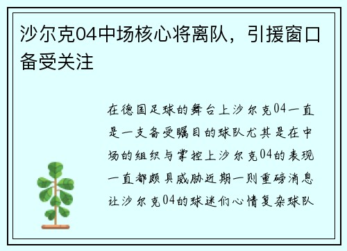 沙尔克04中场核心将离队，引援窗口备受关注